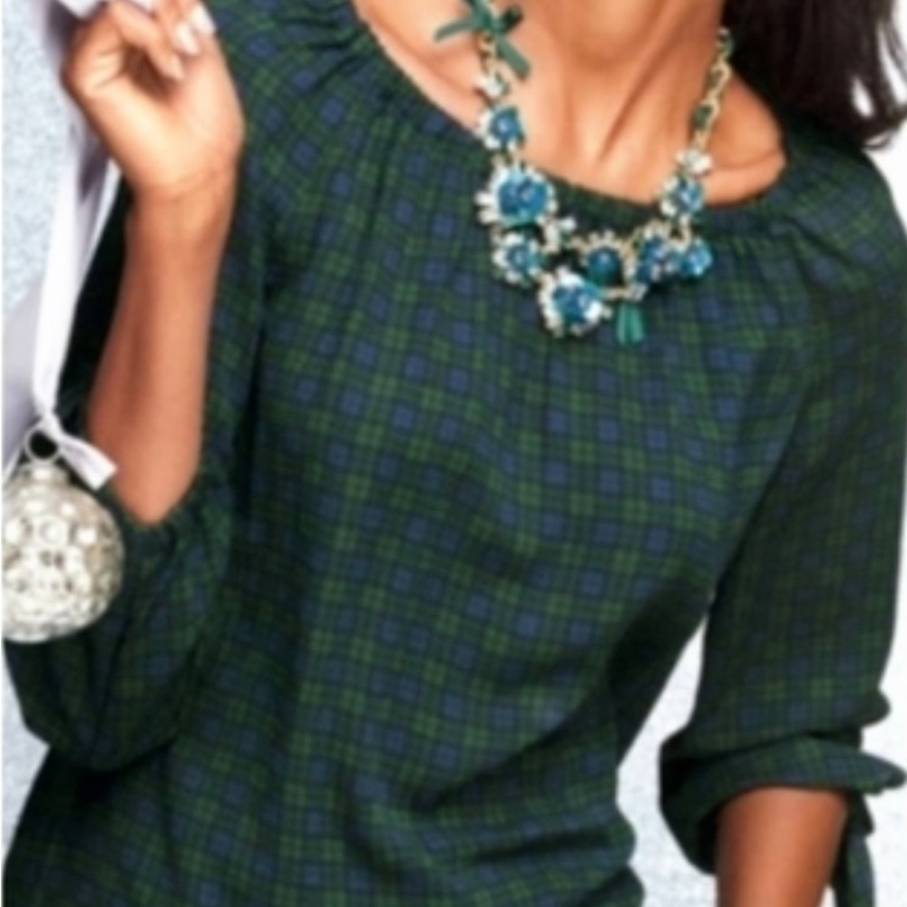 NWT Talbots tartan plaid blouse top navy & green 3/4 sleeves off shoulder L #82
